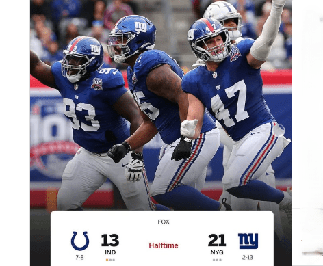 Colts vs. New York Giants Match Player Stats